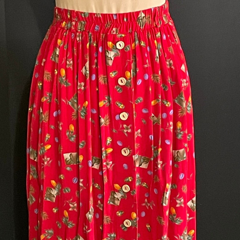 On The Verge Maxi Skirt Womens Red Good Vintage Novelty Print Button Front - Picture 2 of 6